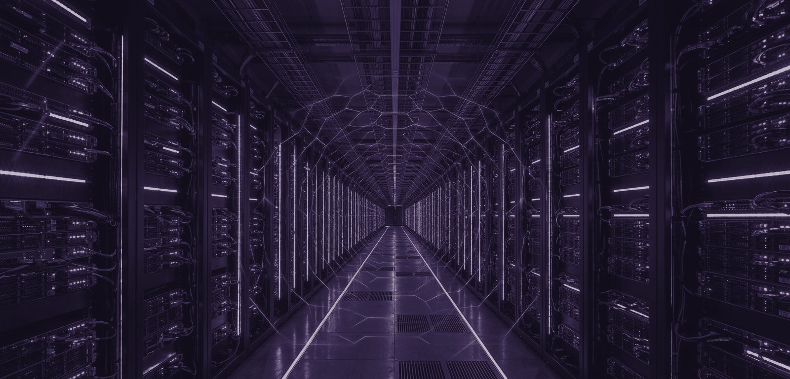 Rows of server racks receding down a data hall