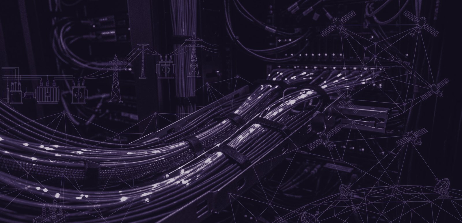 Fibre trunk lines in a communications rack, overlaid with satellite and power-grid schematics
