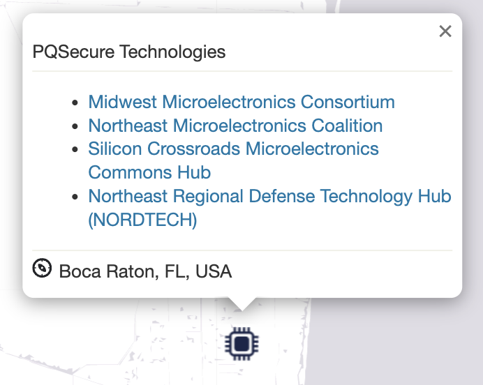 Map of the Microelectronics Commons regional hubs with the PQSecure location marked