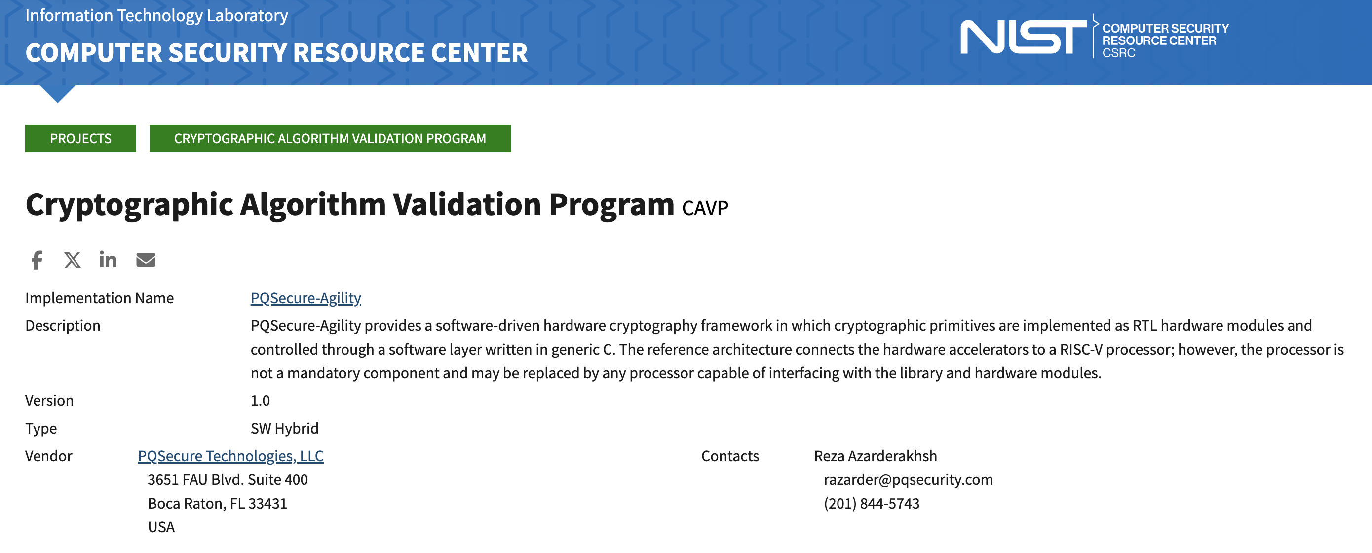 NIST Cryptographic Algorithm Validation Program record for PQSecure-Agility A8378