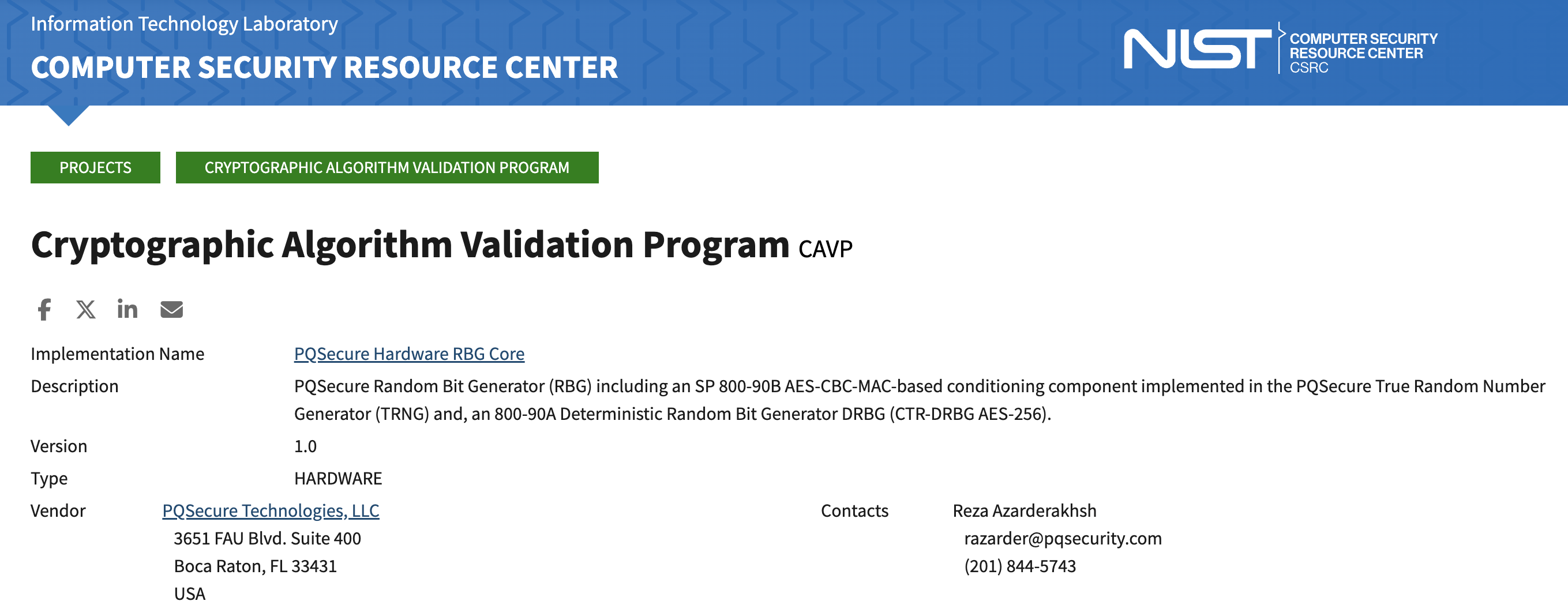 NIST Cryptographic Algorithm Validation Program record for PQSecure Hardware RBG Core A8932