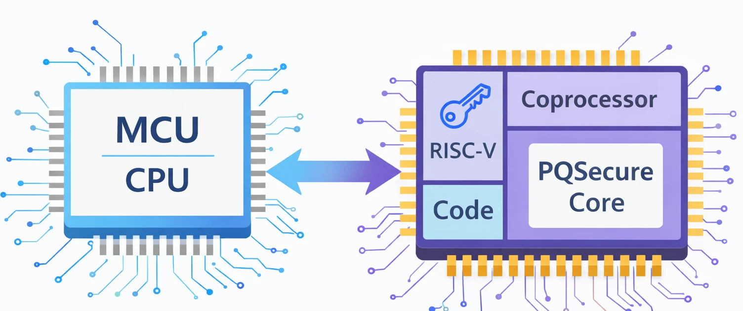 Illustration of a general-purpose MCU beside a RISC-V device carrying a coprocessor and a PQSecure cryptographic core, connected by a bidirectional link
