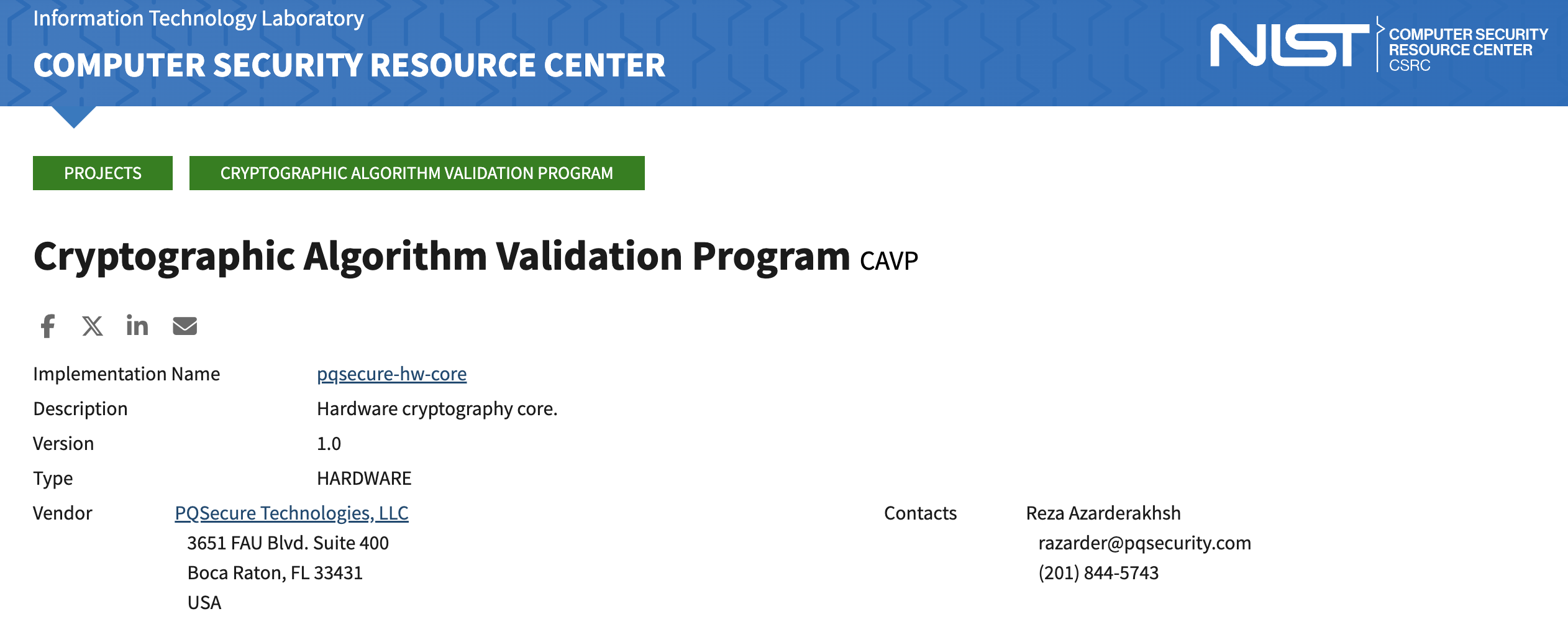 NIST Cryptographic Algorithm Validation Program record for PQSecure hardware core A6937