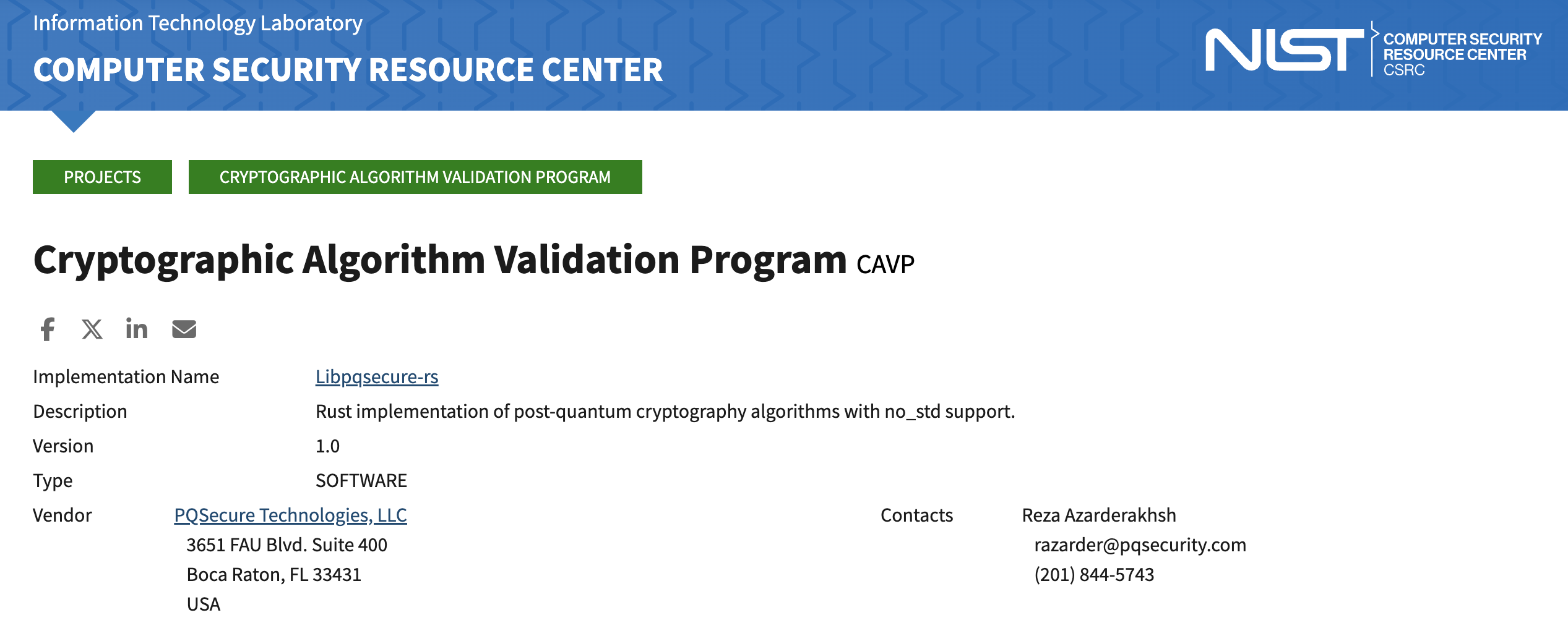 NIST Cryptographic Algorithm Validation Program record for Libpqsecure-rs A7616